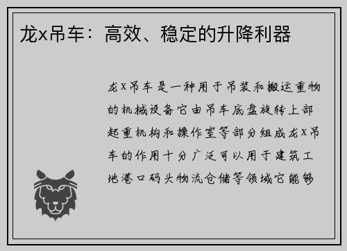 龙x吊车：高效、稳定的升降利器